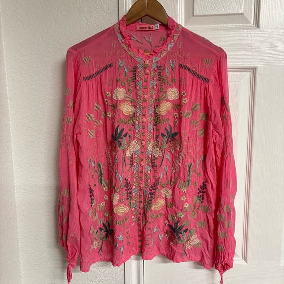 Johnny Was Tops - Johnny Was Bertha Pink Floral Embroidered Blouse Size M